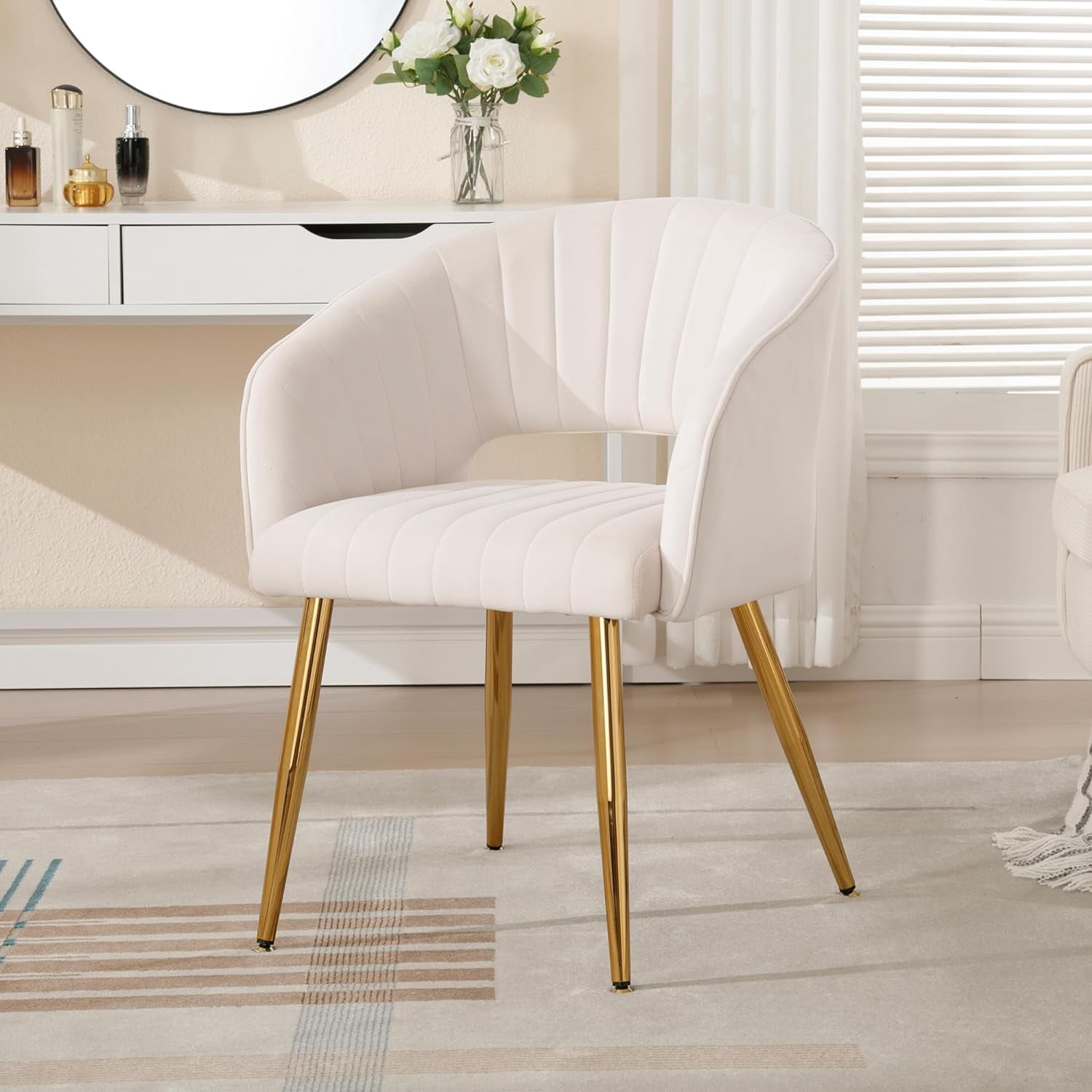 Westice Velvet Home Office Desk Chair, Modern Tufted Vanity Chairs with Gold Metal Legs, Upholstered Accent Armchair for Living Room Restaurant, White