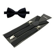 Men's Solid Color Pre-tied Adjustable Bowtie Y-Back Clip Suspenders Set for Wedding (Black)
