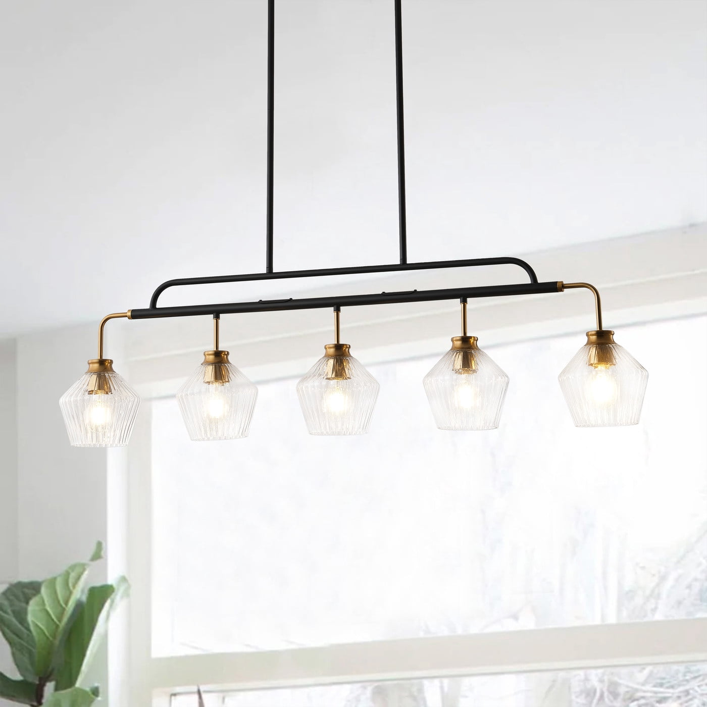 Aiwen 43 Inch 5-Light Linear Chandelier Over Kitchen Island, Matte Black Pendant Light Fixture for Kitchen Living Room