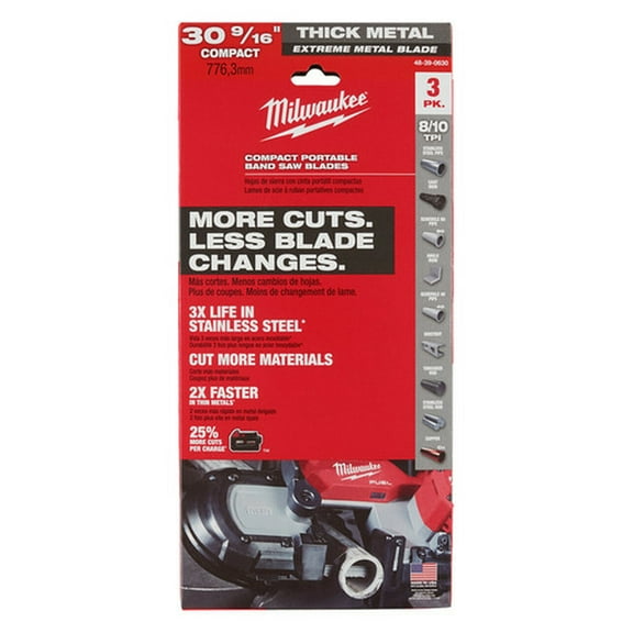 1 Set, Milwaukee 48-39-0630 Compact Extreme Metal 30-9/16 In. 8/10 Tpi Band Saw Blade 3Pk