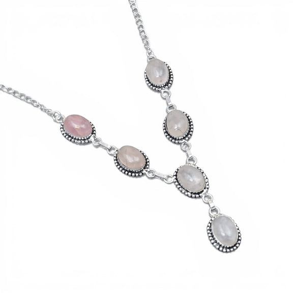 Solid 925 Sterling Silver Moonstone Oval Necklace | Natural White Moonstone Gemstone Link Necklace | Adjustable Women Jewelry