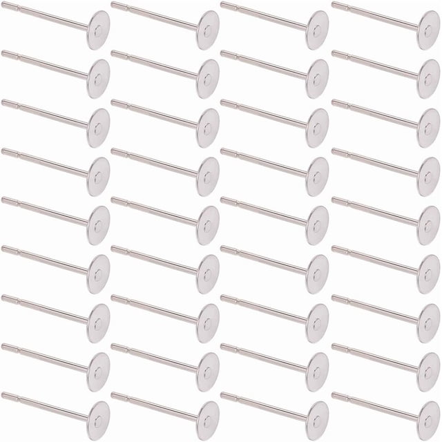 1 caja de 900 piezas de biseles para aretes de botón, de acero inoxidable, de 4 mm, con cabujones de plata, bandejas para engastes, pasadores redondos planos.