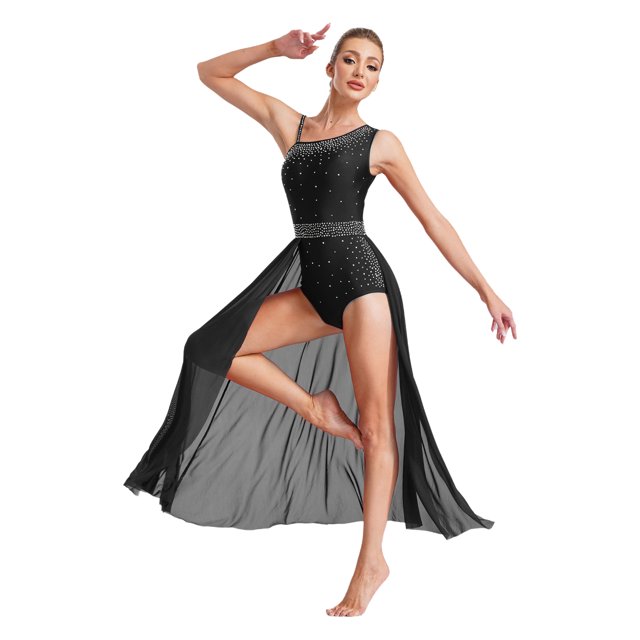 Yartina Robe Maxi Fendue Sans Manches de Danse Lyrique Scintillante en Strass pour Femme, Danse Moderne, Noir, TG