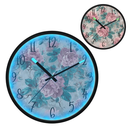 Voice Controlled Luminous Clock LED Night Light 12 Inch Silent Wall Clock Suitable for Bedroom and Living Room Home Decoration Vintage Retro Rose Picture