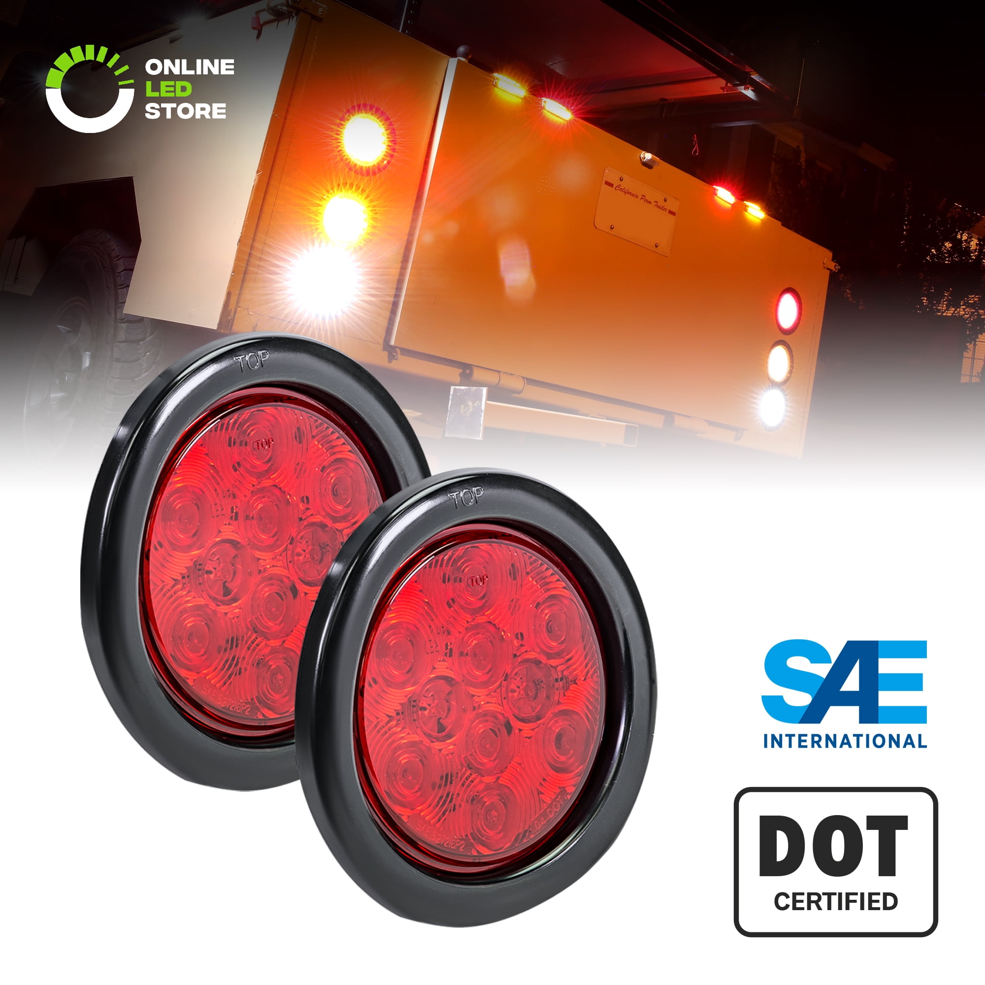 2pc 4" Round Red LED Trailer Tail Lights [DOT Certified] [Grommet