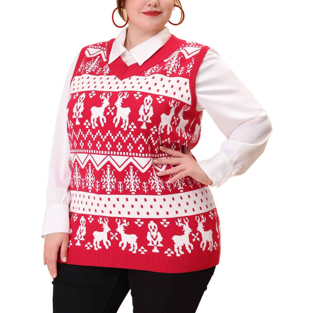 Agnes Orinda Women's Plus Size Houndstooth V Neck Vest Sweaters Red 1X |  Walmart Canada