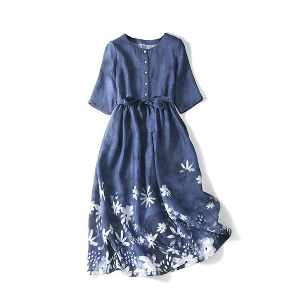 Njagoc3 Womens Short Sleeve Floral Hem A-Line Dress - Puff Sleeves, Lightweight Linen Blend, Summer Vacation