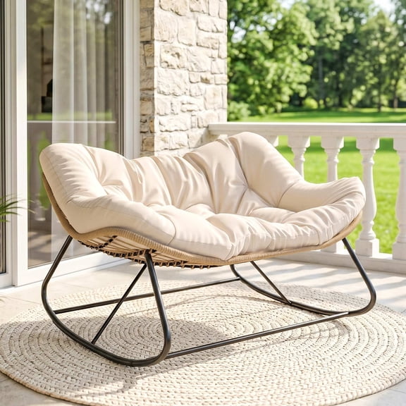 Outsunny Double Papasan Rocking Chair, Oversized Indoor Outdoor Rocking Egg Chair with Cushion, PE Wicker Outdoor Rocker for Patio Garden, Cream White