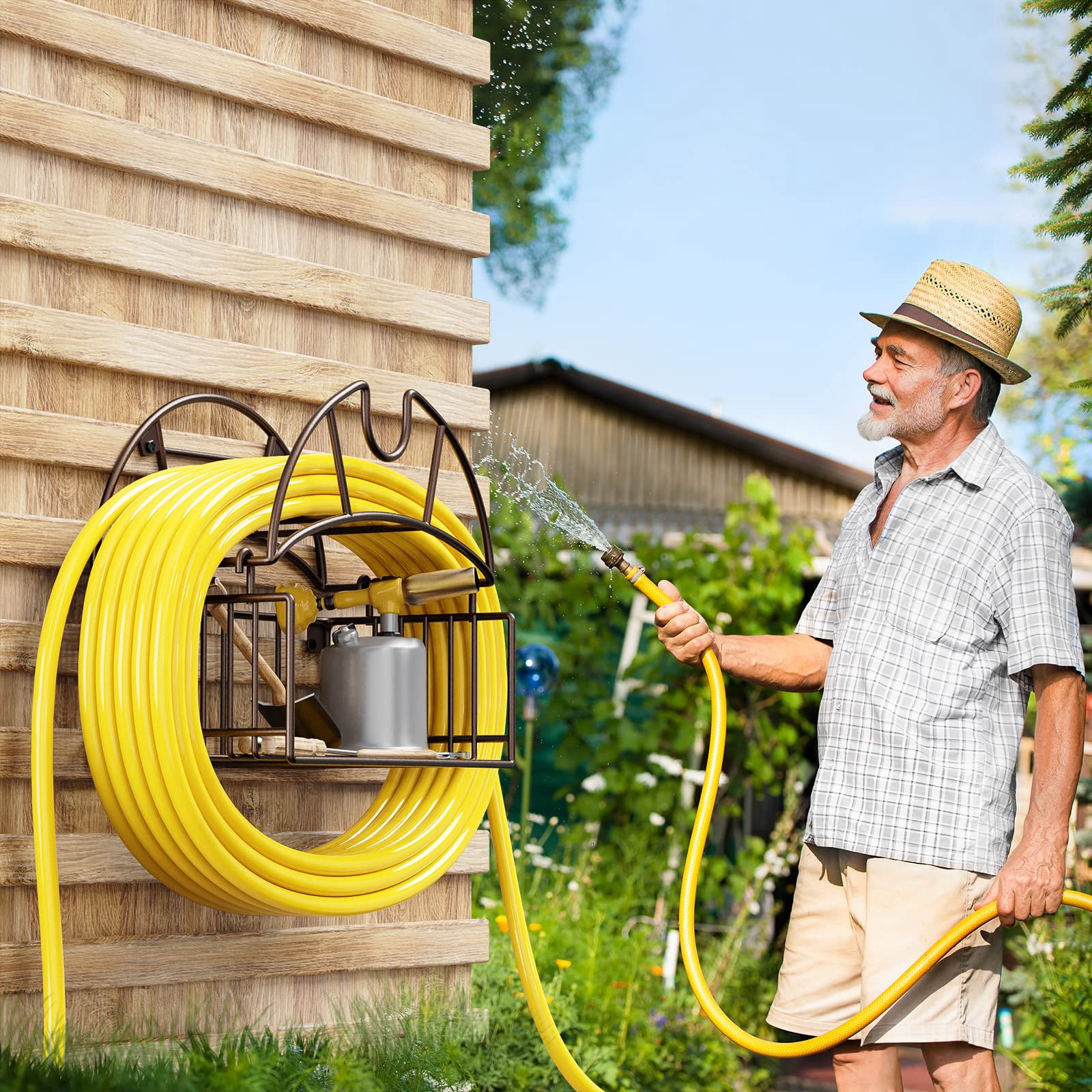 Wall Mount Heavy Duty Metal Garden Hose Holder with Tool Storage Basket