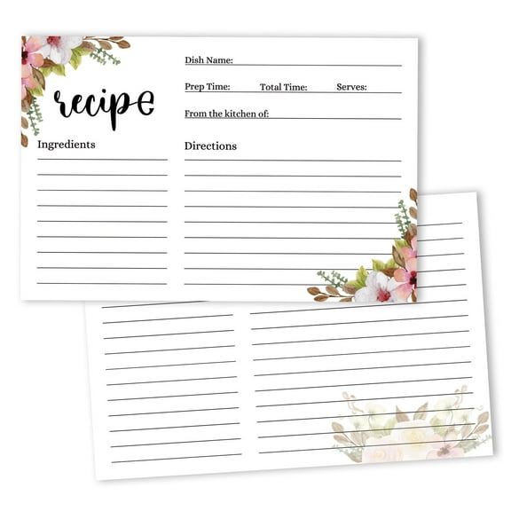 Inkdotpot 4x6 Inch Recipe Cards (Set of 50) , Thick Double Sided Premium Card Stock- Modern Style White Recipe Notecards for Weddings- Bridal- Baby Shower - Floral Theme