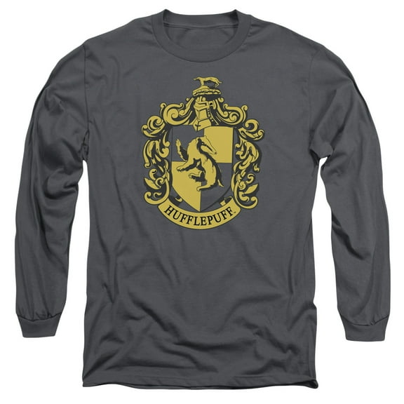 Harry Potter Hufflepuff Crest Long Sleeve Adult 18/1 T-Shirt  Charcoal