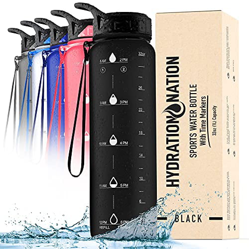 Hydration Nation Water Bottle With Time Marker 32oz Water Bottle With Straw For Drinking Black BPA Free Water Tracker Bottles Leak Proof Water Bottles With Times To Drink For Fitness & Sports 