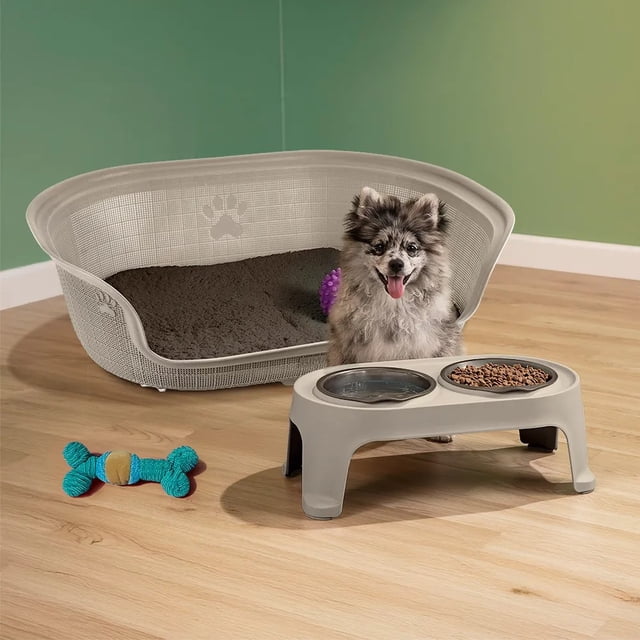 Combo Kit Mascota Cama Plástica Confortable Ideal razas Chicas Comedero Alto 2 tazones Ergonómico RIMAX