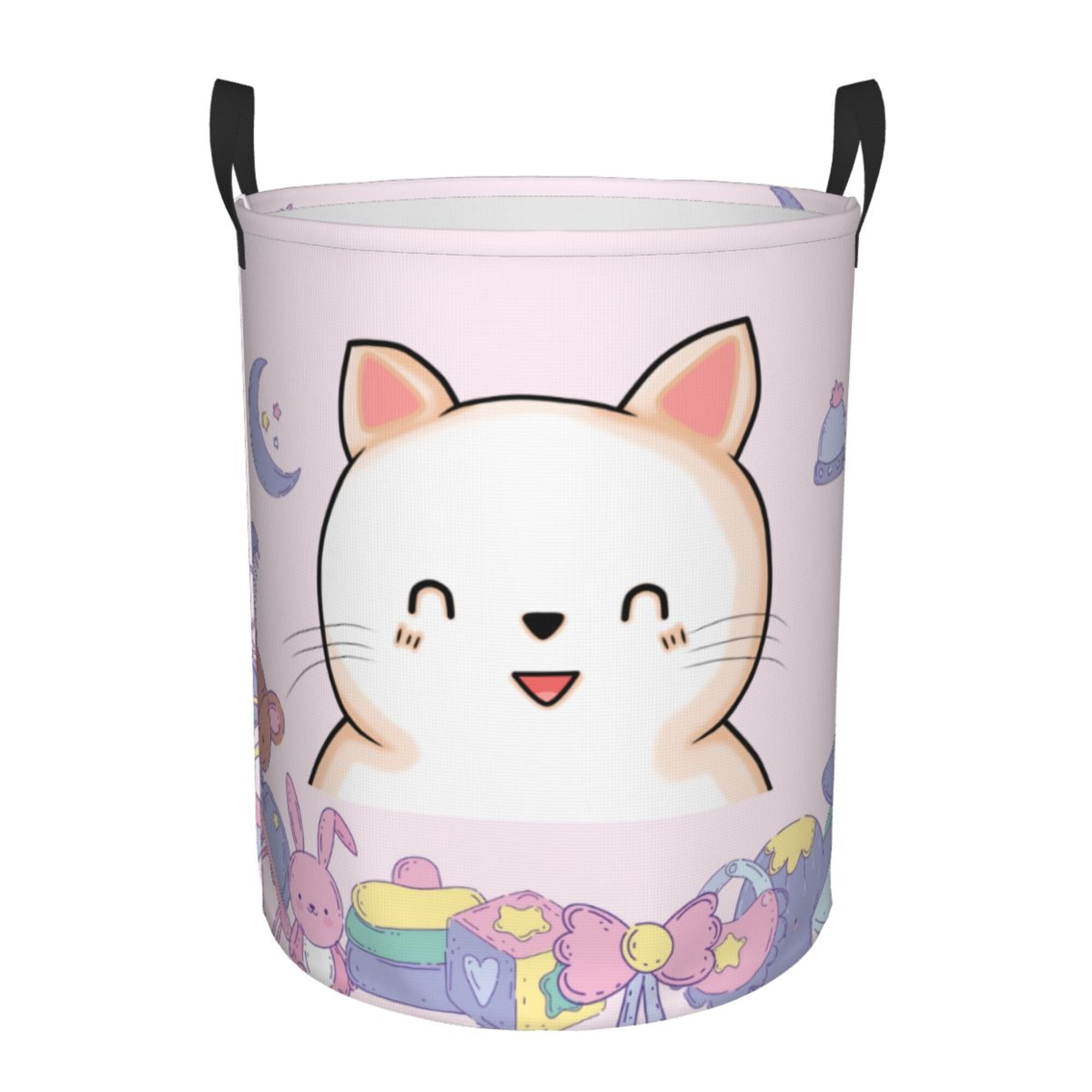 Pink Cat Face Print Laundry Basket