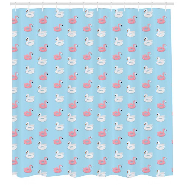 Pool Party Shower Curtain Summer Fun Themed Pattern Of Flamingo And Swan Floats Cartoonish Art Fabric Bathroom Set With Hooks Sky Blue Rose White By Ambesonne Walmart Com Walmart Com