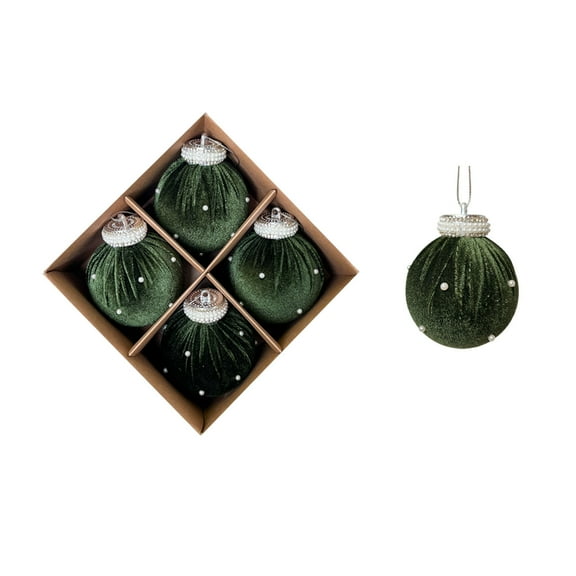 4-Piece 3 Inch Pearl Velvet Christmas Balls Set, Flocked Tree Ornaments for Holiday Party Decoration and Home Festive Decor