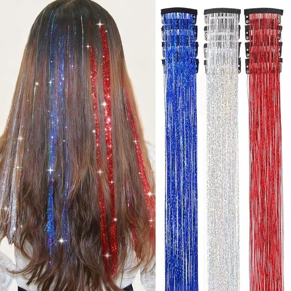 Hair Tinsel 12 Pcs 20 Inch Clip in Extensions Silver Blue Red for Women