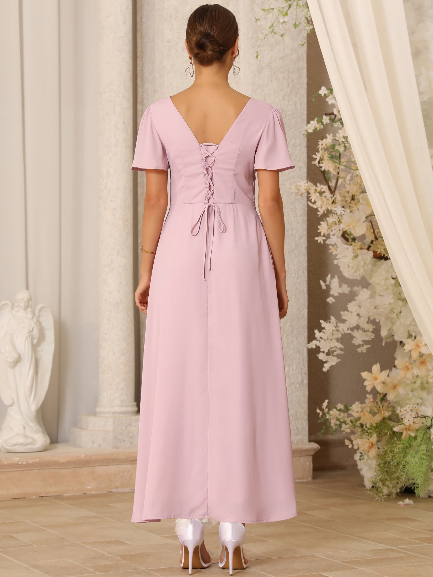 DARING DIVA Women's Bridesmaid Dress Chiffon Long Pleated Maxi Dresses S Pink