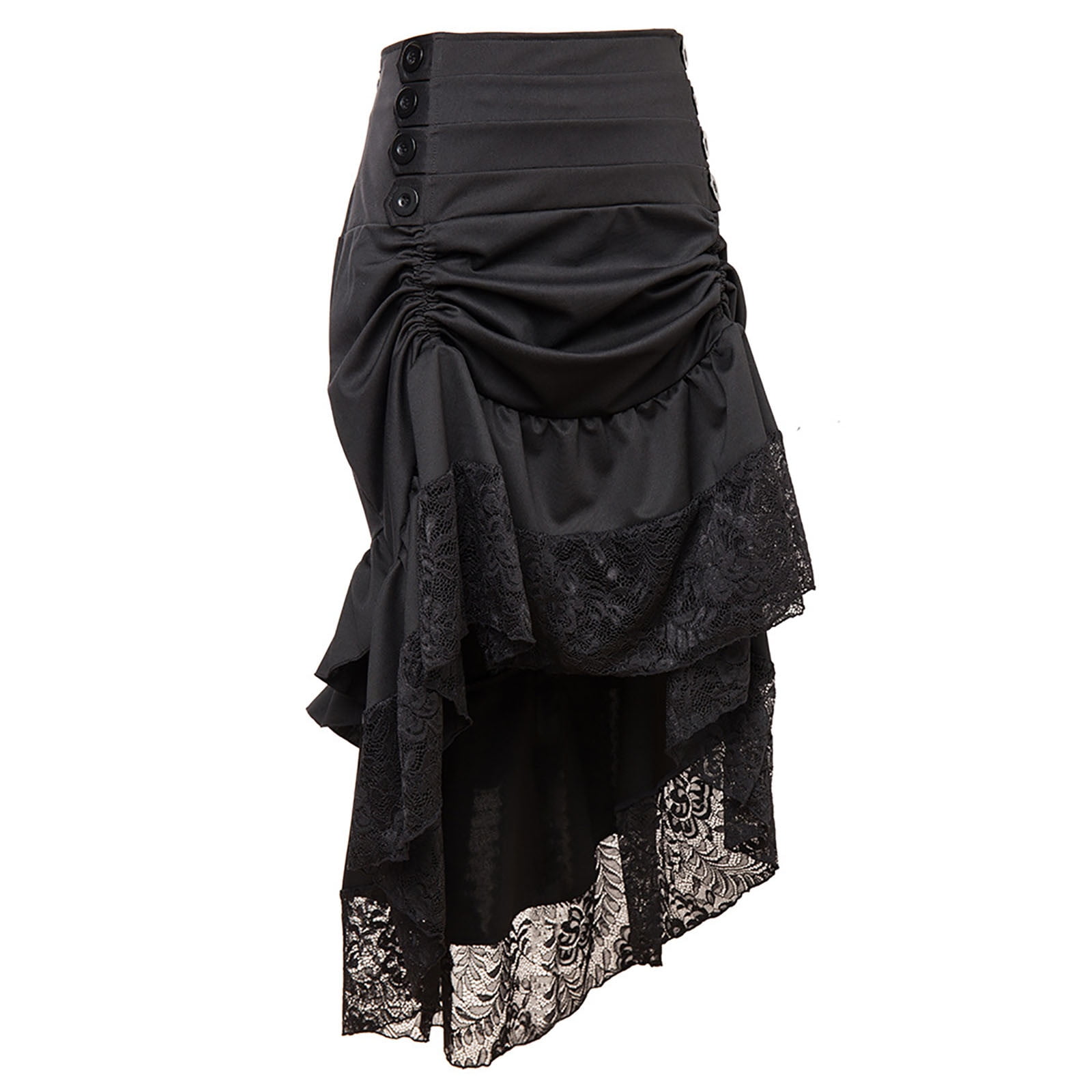 Womens High Waisted Ruffle Lace Midi Skirts Buttons Ruched