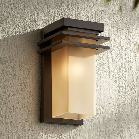 Franklin Iron Works Bernadine 12" High Outdoor Wall Light Fixture Mount Weatherproof Oil Rubbed Bronze Finish Amber Glass Shade