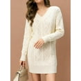 thumbnail image 2 of Womens V Neck Mini Sweater Dress Cable Knit Long Sleeve Casual Loose Fall Tunic Pullover Sweaters White M, 2 of 5