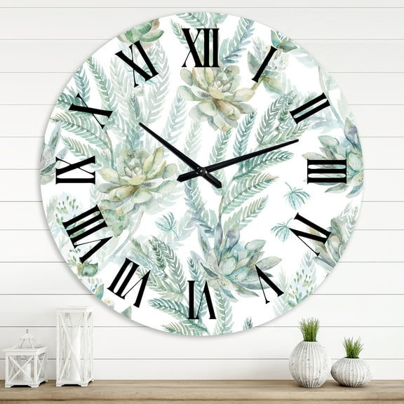Designart 'Floral Seamless Pattern Succulents Ferns Thorns' Farmhouse Wall Clock