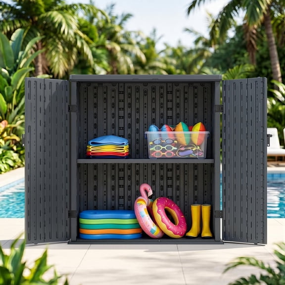 ZYJOYY Resin Outdoor Storage Cabinet, 15 Cu Ft Horizontal Storage Shed with Floor & 2 Shelves, Lockable Waterproof Patio Garden Storage Box,Sage Grey