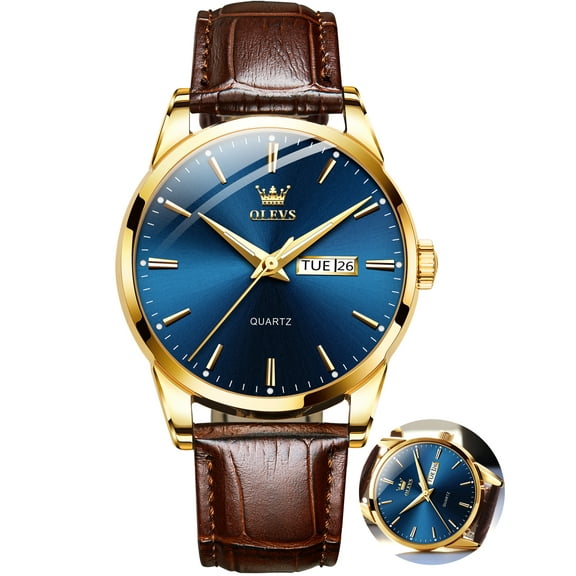 OLEVS Mens Watches,Brown Leather Watch for Men,Gold Case Analog Quartz Fashion Business Dress Watch Day Date Luminous Waterproof Casual Male Wrist Watches Reloj para Hombre