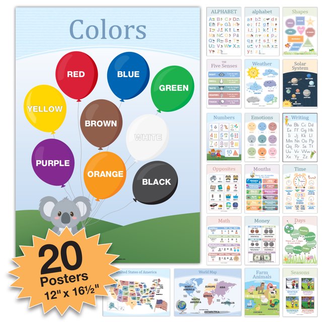 20 Affiches Éducatives pour Enfants Tout-Petits Double Face Anglais et Espagnol) Inclut Alphabet Couleurs Lettres Chiffres Formes Mois Temps Météo Animaux Système Solaire Saisons Carte