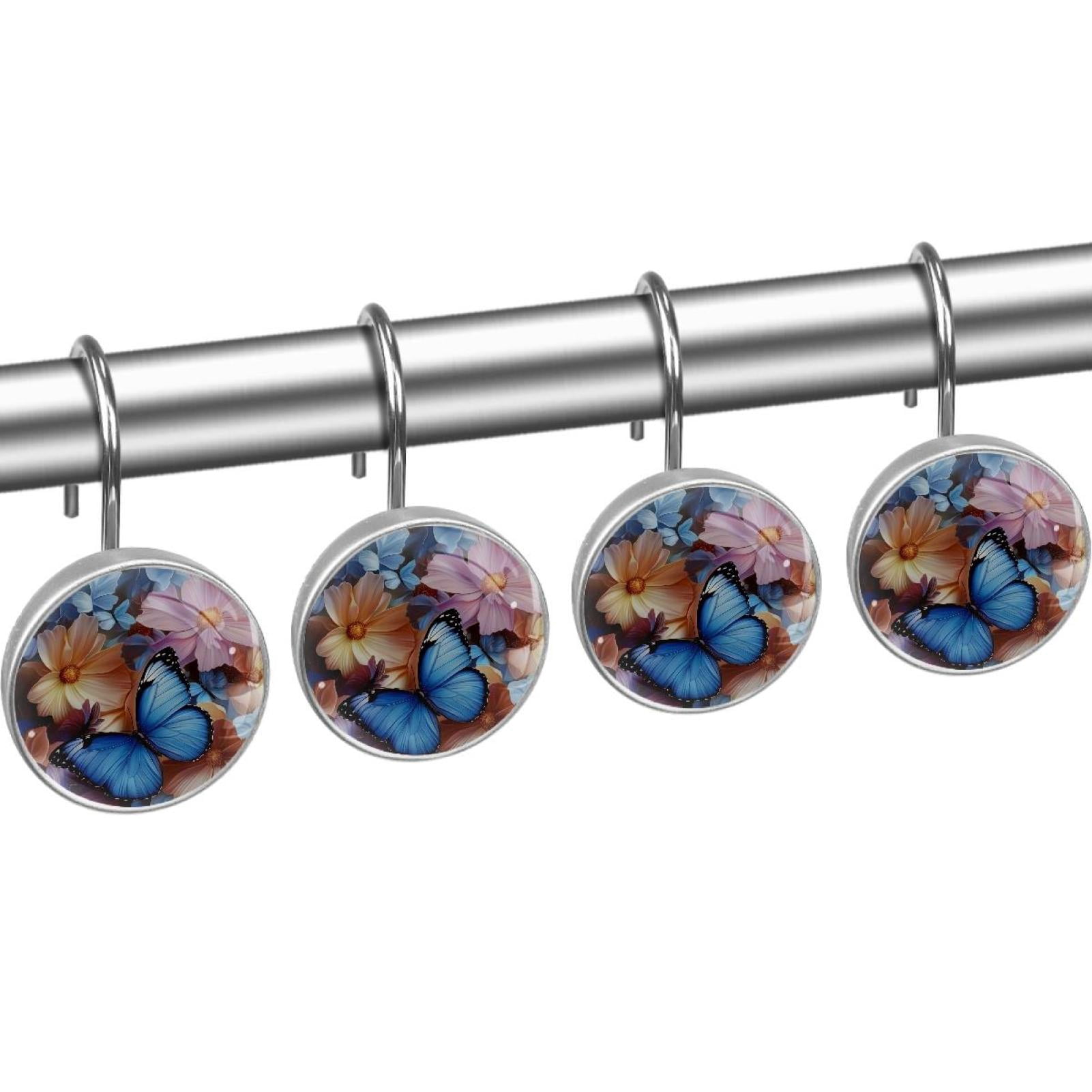Colored Cosmos Flower Butterfly Shower Curtain Hooks Round Crystal Glass, Set of 12 Shower Curtain Rings - Shower Hooks for Curtain Shower Rings