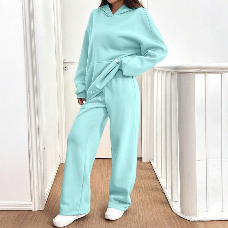 Women's Casual 2 Piece Sweatsuit Set Long Sleeve Hoodie Wide Leg
