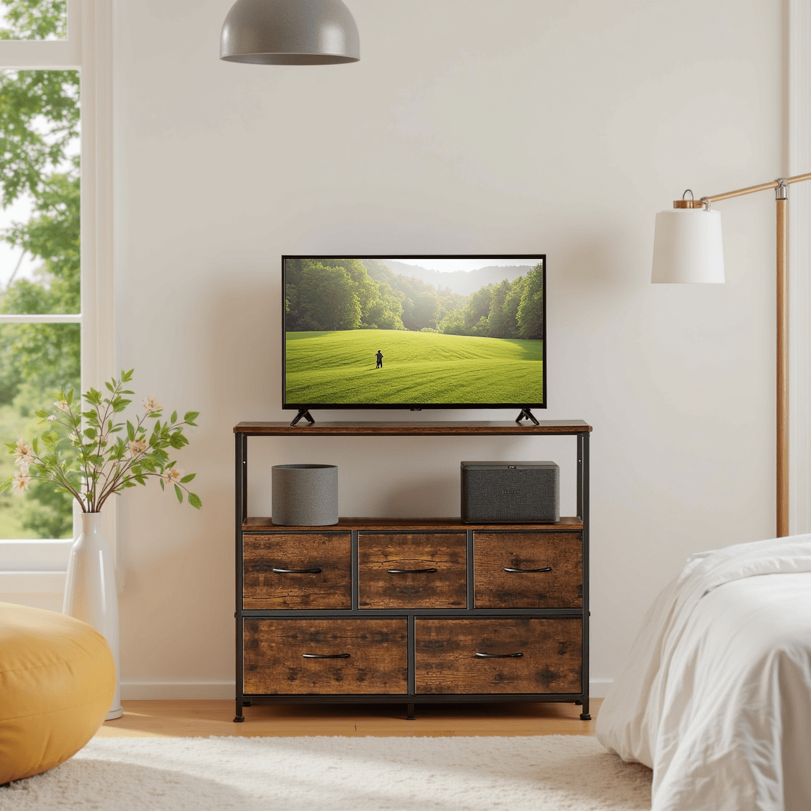 TINKLE WELL Storage dresser TV stand with 5 Fabric Drawers and Wood Open Shelf, Media Console Organizer for 45'' TV, Ideal for Living Room, Bedroom, or Apt, Brown