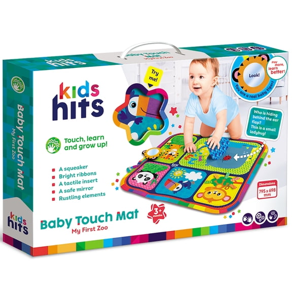Kids Hits: Baby Touch Mat - My First Zoo -31.3 x 27.6" Sensory Activity Animal Floor Pad, Mirror-Ribbons-Squeaker, Tactile Play Toy, Baby-Toddler 3Mo 