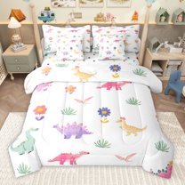 Homewish Rainbow Dinsaur 7-Piece Bedding Comforter Set,Cartoon Flower Floral King Bedding Sets,White Green Pink Bed Sheets For Teens Boys,Super Cozy Room Decor Reversible