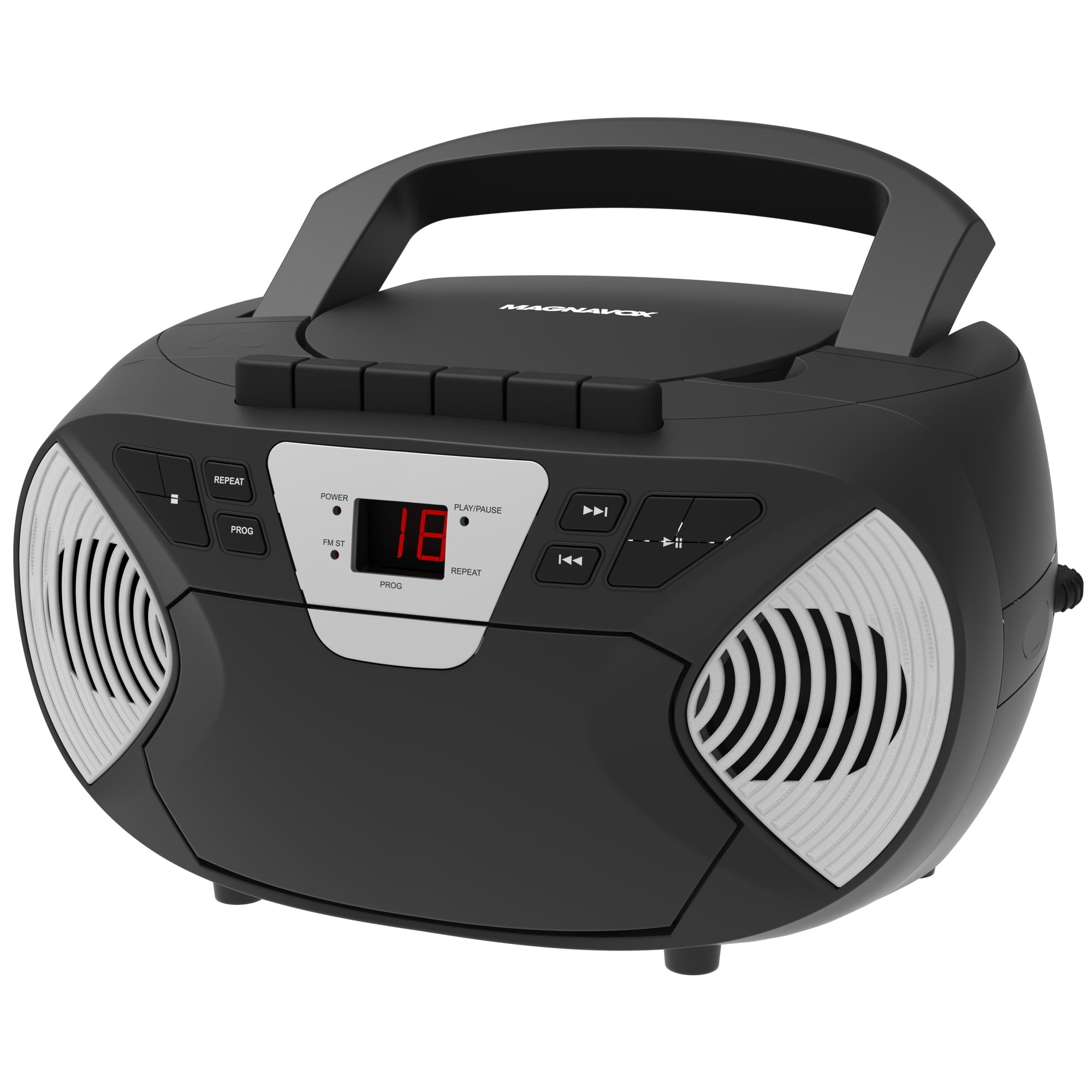 Magnavox Portable CD Cassette Boombox with AM/FM Radio, CD Player with Programmable Tracks, AUX Input, LED Display, AC/DC Power, Battery Operated Boombox
