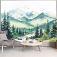 thumbnail image 4 of Watercolor Forest Mountain Tapestry Green Nature Pine Tree River Wall Tapestry for Bedroom Aesthetic Misty Woods Birds Small Tapestries Wall Hanging for Living Room Dorm Decor 40 x 30 Inch, 4 of 7