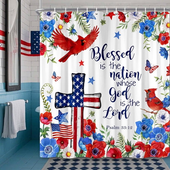 Patriotic 4th of July Shower Curtain, Vintage Floral Red Cardinal American Flag Cross Shower Curtain Set, USA 250th Anniversary Independence Memorial Day Fabric Bathroom Bath Decor with Hooks 69X70IN