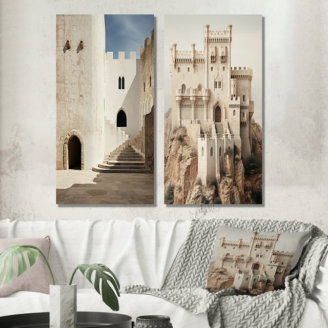 Designart "Castles Minimalist V" Castles Wall Art Set Of 2 - White Architecture Gallery Set For Office Decor
