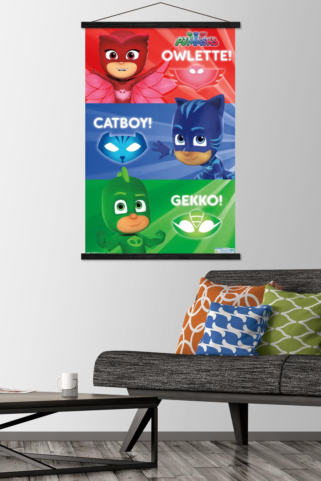 PJ Masks - Trio Wall Poster with Wooden Magnetic Frame, 22.375" x 34"