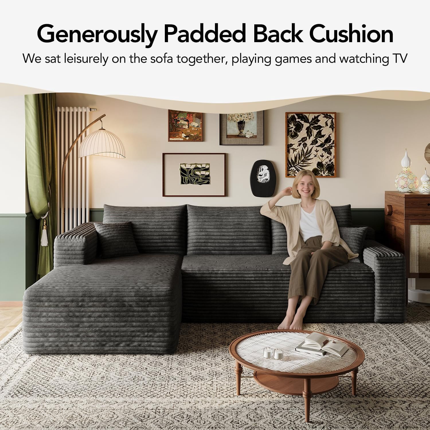 103" Cloud Sectional Sofa, Modern L Shaped Deep Seat Couch, Plush Corduroy Upholstered Sofa No Assembly, Living Room
