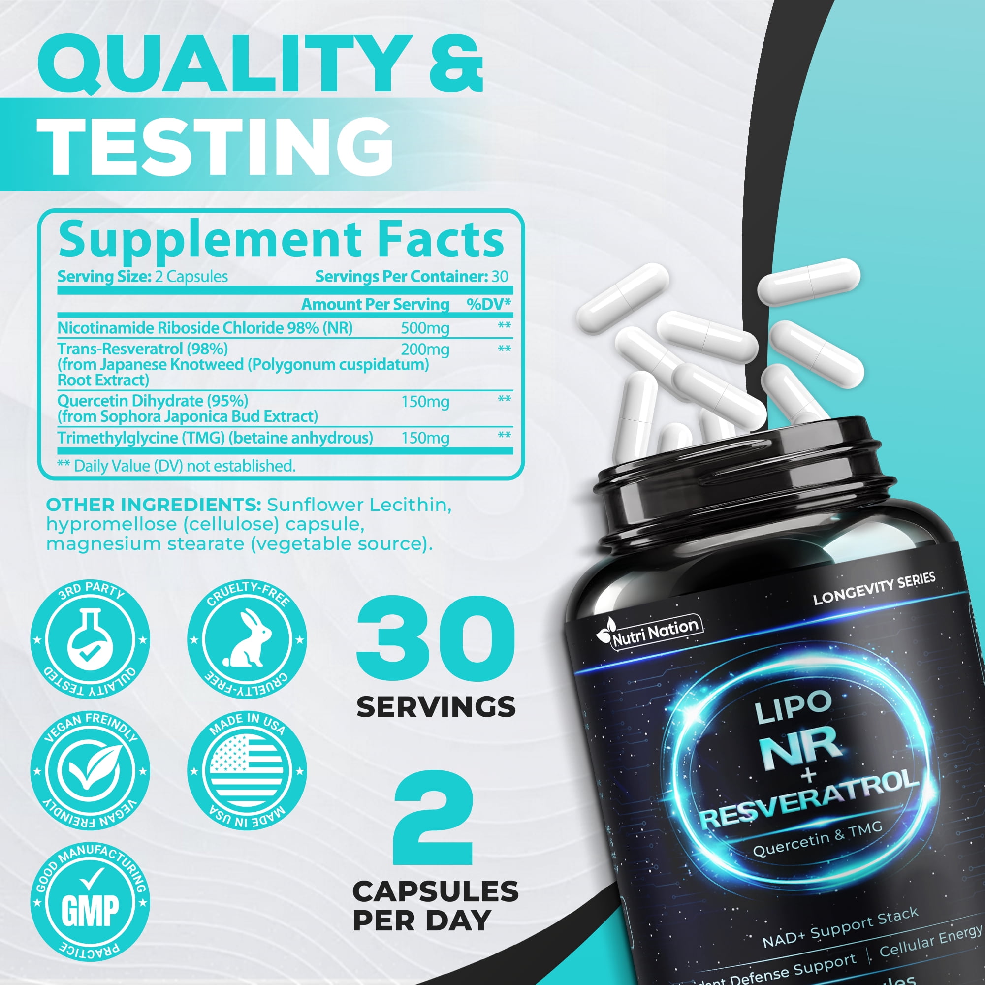 NAD Supplement with Liposomal Nicotinamide Riboside , Resveratrol, Quercetin & TMG, 180 Capsules, 3 Bottles. Cellular Energy & Antioxidant Support