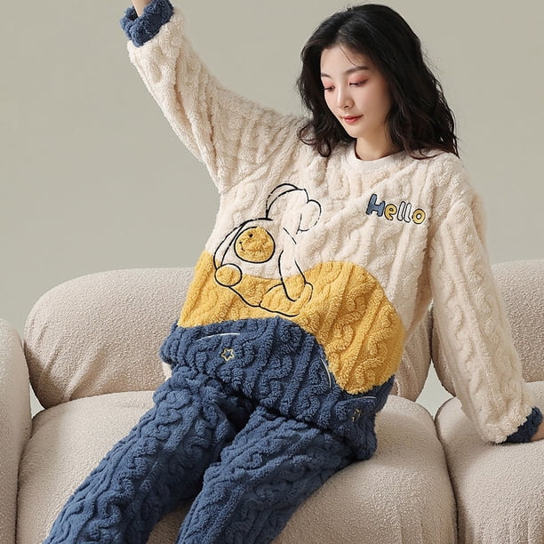 Pijama de vellón coral para mujer, otoño e invierno, franela gruesa con forro polar, ropa de casa, traje de dos piezas para mujer, dibujos animados lindos