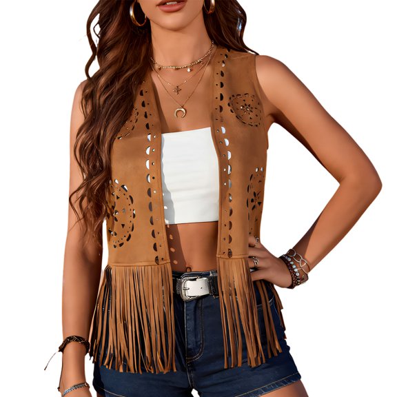 Women's Retro Western Fringe Vest Sleeveless Lightweight For Music Festivals And Parties