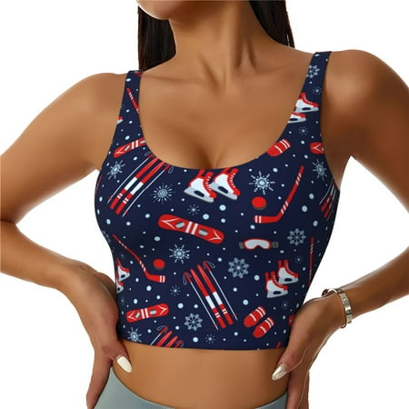 Adobk Winter Sports Fun Pattern Print Sports Bras for Women Longline Workout Crop Tank Tops Padded with Built in Shelf Padded Sports Bra-X-Large