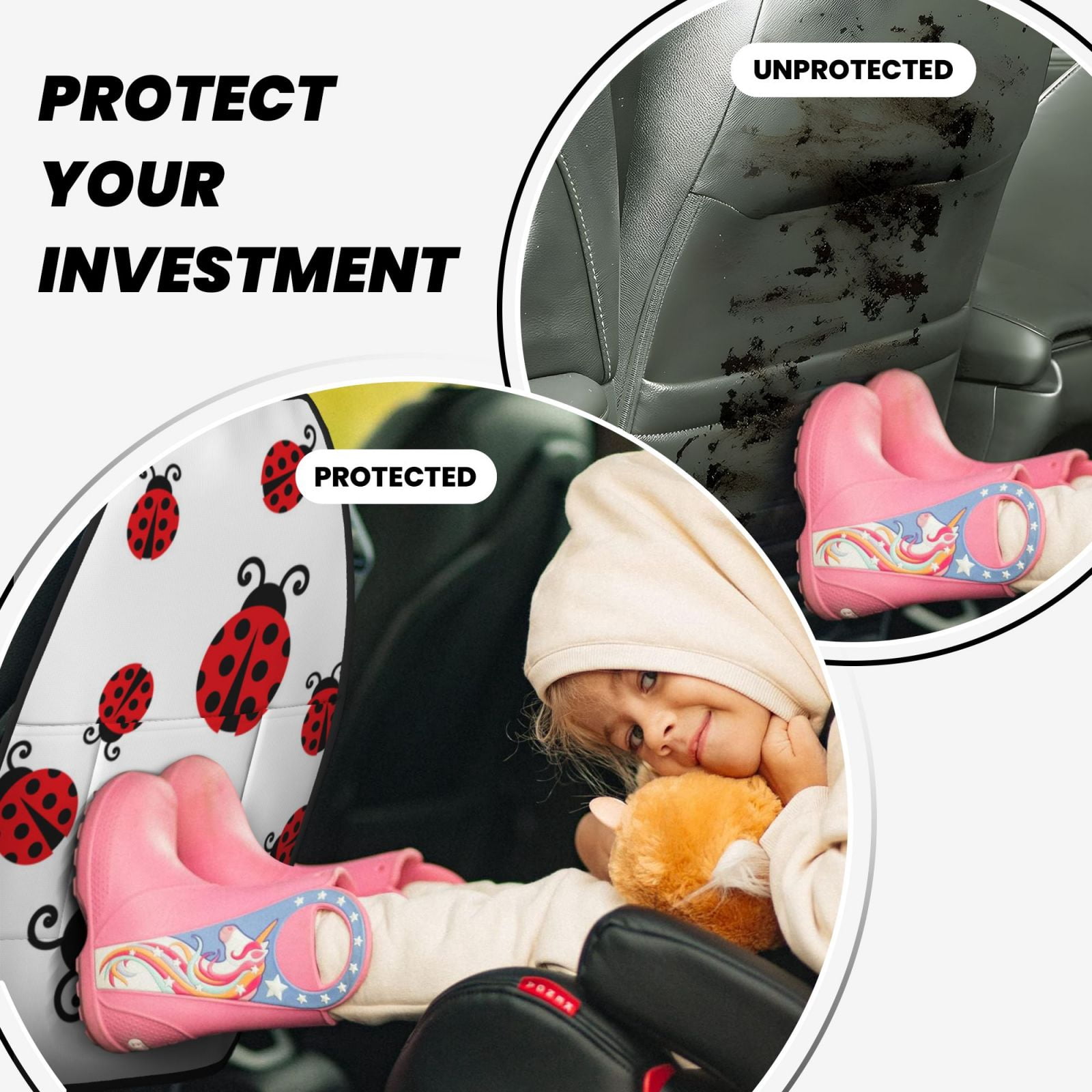 Xecao Fly Flying Ladybug Pattern Car Seat Back Protector 2 Pack Large Capacity Pocket, Kick Mats Back Seat Protector