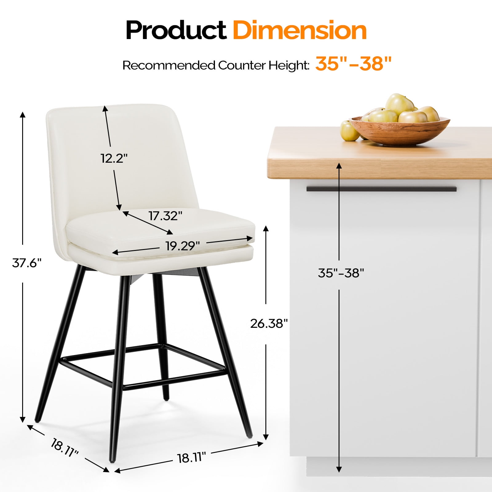 Zimtown Modern Bar Stools Set of 2, Swivel Barstool Counter Height Bar Chair, Kitchen Island Barstool 2 Pack, Off-White
