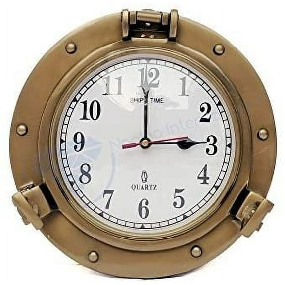 9" Aluminum Porthole Clock (Antique Bronze) - Ships's Time White Numeric Dial