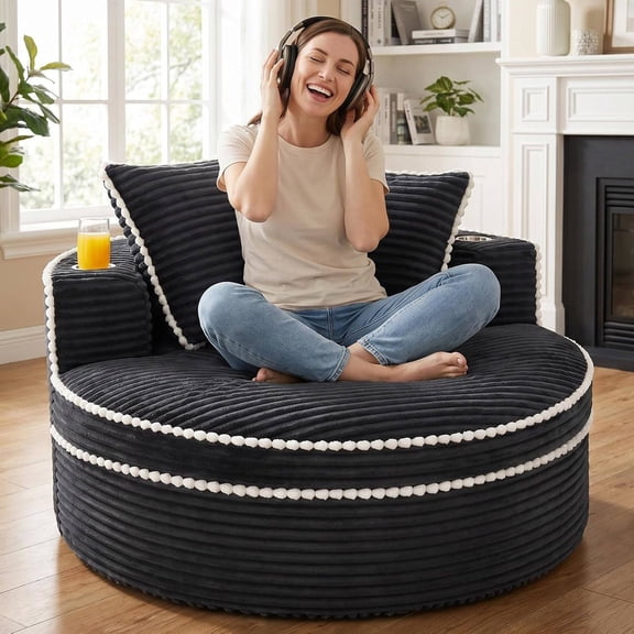 Round Boneless Chair Lounger Indoor, Circle Couch with 2 Pillows for Living Room, Cozy Cuddle Chair in a Box with Curved Armrest and Backrest, No Assembly Needed (Gray Striped)