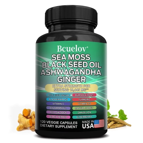 Bcuelov Sea Moss Black Seed Oil Ashwagandha Ginger Capsules, 19,445mg Per Serving, 120 Veggie Capsules - 15-in-1 Superfood Blend, Supports Immunity, 2-Month Supply, Vegan Friendly