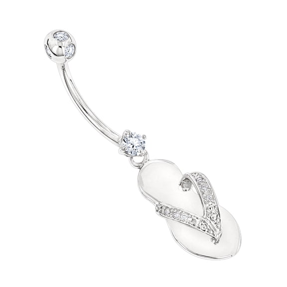 14K Pure Gold Natural Diamond Flip Flop Belly Ring (White Gold)